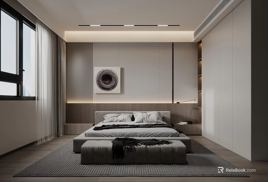 Modern Bedroom Interior With Striped Bed Pillows Round Wall Art Gray Rug And Window Curtains 3d model 