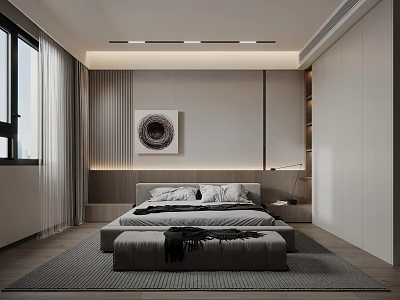 Modern Bedroom Interior With Striped Bed Pillows Round Wall Art Gray Rug And Window Curtains 3d model