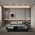 Modern Bedroom Interior With Striped Bed Pillows Round Wall Art Gray Rug And Window Curtains