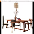 Quiet Ancient Style Dining Table and Chair Combination Ornaments Combination Art Chandelier 3d model