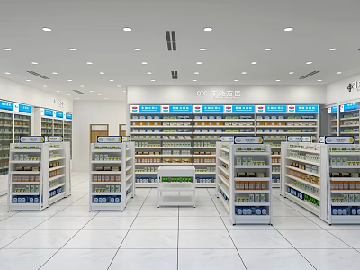 Bright Pharmacy Store Interior With Well Arranged Shelves And Medicines 3d model