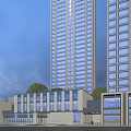 Commercial Street View With Modern Tall Buildings Low Rise Shops And Cloudy Sky
