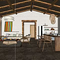 Hotel Guest Room With Wooden Ceiling Pendant Lights Sofa Colorful Painting And Wooden Floor Tiles
