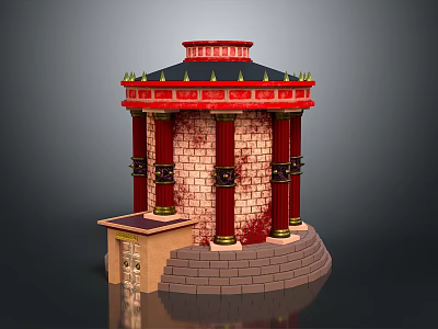 Ancient Style Pavilion Structure With Red Columns Black Roof Decorative Spikes And Brick Walls 3d model