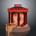 Ancient Style Pavilion Structure With Red Columns Black Roof Decorative Spikes And Brick Walls