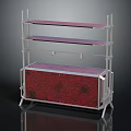 Modern Storage Cabinet Shelf Unit With Metal Frame Red Patterned Panel And Multiple Shelves