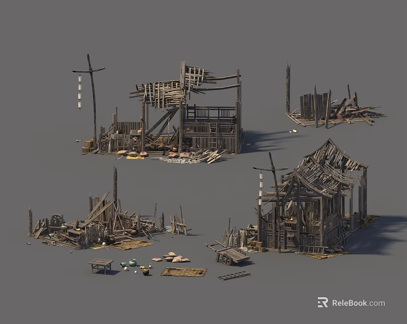 Wooden Construction Components Including Ruined Framework Planks Columns And Beams 3d model 