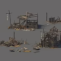 Wooden Construction Components Including Ruined Framework Planks Columns And Beams