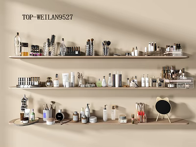 Stylish Perfumes And Cosmetics Display With Various Bottles On Wooden Shelves 3d model