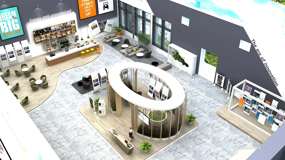 Modern Exhibition Hall Interior With Open Space Circular Display Stand Green Plants And Large Windows 3d model 