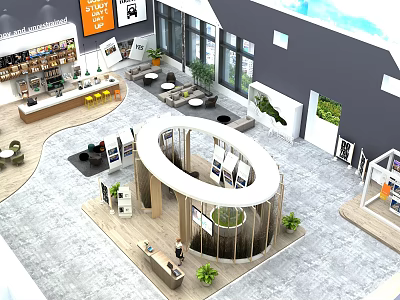 Modern Exhibition Hall Interior With Open Space Circular Display Stand Green Plants And Large Windows 3d model