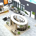 Modern Exhibition Hall Interior With Open Space Circular Display Stand Green Plants And Large Windows