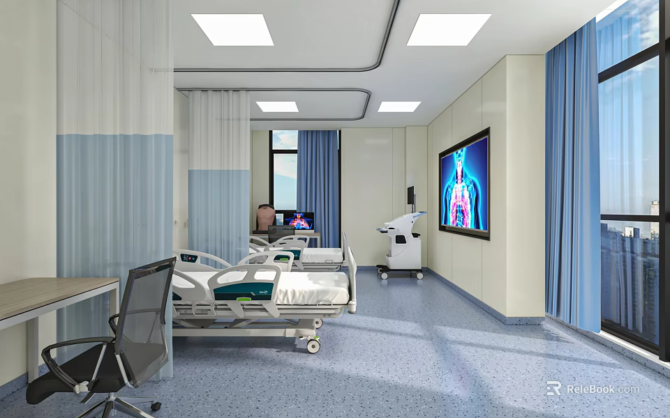 Modern Hospital Ward Interior With Medical Bed TV Screen And Equipment 3d model 