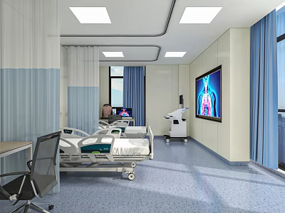 Modern Hospital Ward Interior With Medical Bed TV Screen And Equipment 3d model
