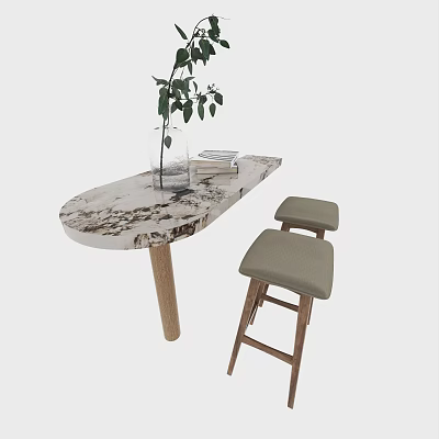 Modern Bar Counter With Marble Top Wooden Stools Gray Cushions Green Plant Vase And Books 3d model