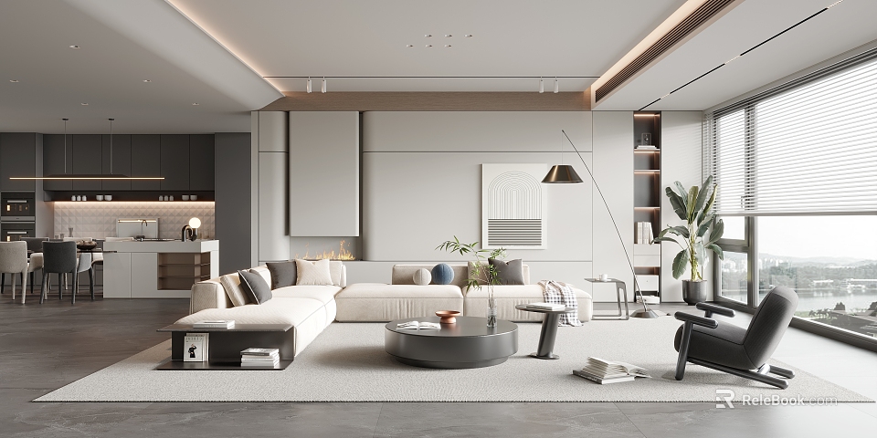 Modern Living and Dining Room Interior With Sofa Coffee Table Floor-to-Ceiling Windows Green Plants 3d model 