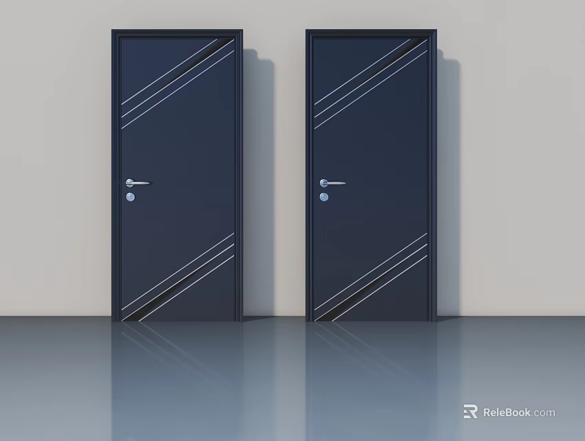 Black Hinged Doors Featuring Diagonal Stripes Silver Handles Locks On Light Colored Wall Smooth Floor 3d model