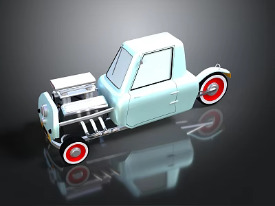 Vintage Light Blue Small Truck With Red Wheels And Reflective Surface On Dark Background 3d model