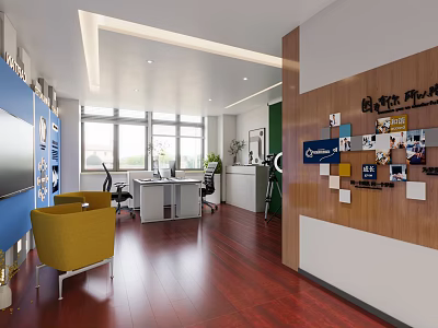 Modern Public Office Space with Open Layout Desk Chair Plants Decorative Wall and Windows 3d model