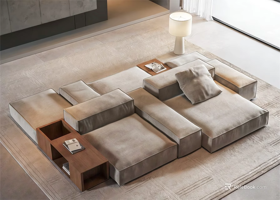 Modern Light Gray Sectional Sofa With Wooden Side Tables And Floor Lamp On Rug 3d model 