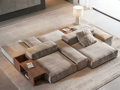 Modern Light Gray Sectional Sofa With Wooden Side Tables And Floor Lamp On Rug 3d model