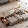 Modern Light Gray Sectional Sofa With Wooden Side Tables And Floor Lamp On Rug