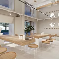 Modern Dessert Shop Interior with Bright Lighting Wooden Tables and Cozy Seating Area
