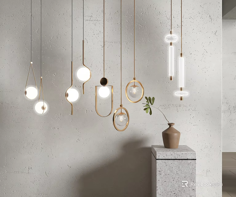 Modern Minimalist Hanging Pendant Lights with Various Shapes Against Concrete Wall and Green Plant Vase 3d model 