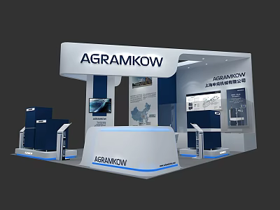 Modern AGRAMKOW Exhibition Booth With White Blue Design Display Screens And Reception Desk 3d model