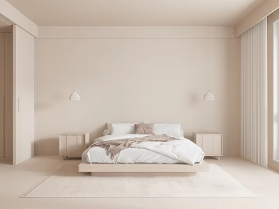 Double Bed In Beige Tone Bedroom With Nightstands Pendant Lights Curtains And Rug 3d model