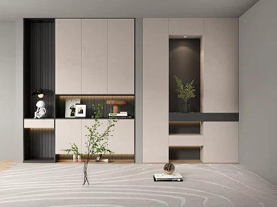 Modern Minimalist Shoe Cabinet Design With Storage Shelves And Decorative Plants 3d model