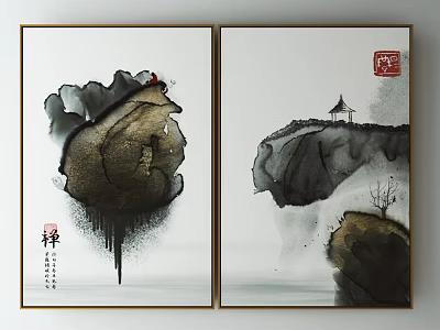 Traditional Chinese Ink Wash Landscape Paintings With Rock Formations Red Accents And Pavilion 3d model