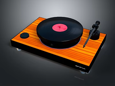Modern Vinyl Turntable with Wooden Base Black Platter Red Center Record and Tonearm 3d model