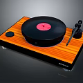 Modern Vinyl Turntable with Wooden Base Black Platter Red Center Record and Tonearm