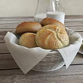 Fresh Homemade Bread Rolls With Milk And Butter On Wooden Table