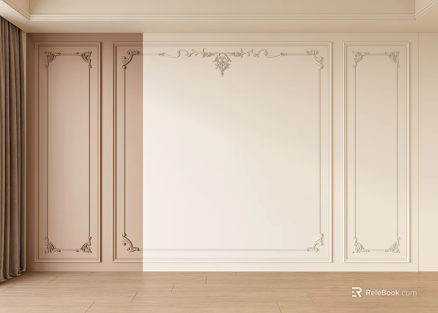 Elegant Classic Interior Wall Design With Light Beige White Panels And Ornamental Frames 3d model