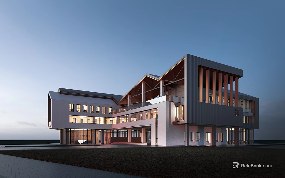 Modern Office Building With Contemporary Architectural Design Glass Facade Unique Roof Structure And Exterior Lighting 3d model 