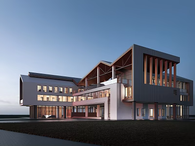 Modern Office Building With Contemporary Architectural Design Glass Facade Unique Roof Structure And Exterior Lighting 3d model