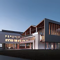 Modern Office Building With Contemporary Architectural Design Glass Facade Unique Roof Structure And Exterior Lighting