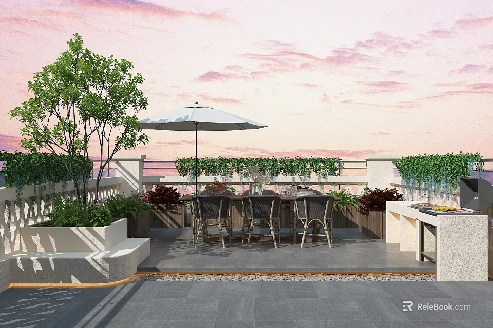 Roof Courtyard Garden With Umbrella Table Chairs Green Plants And Sunset Sky 3d model 
