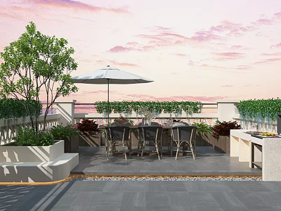 Roof Courtyard Garden With Umbrella Table Chairs Green Plants And Sunset Sky 3d model