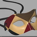 Handcrafted Geometric Wooden Mask With Yellow Red Brown Patchwork And Black Straps