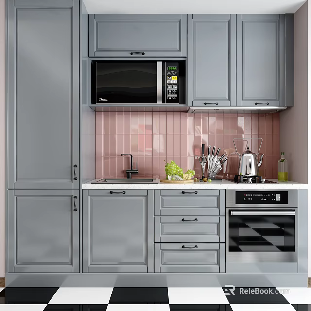 Modern Gray Kitchen Cabinets Interior With Pink Tiled Backsplash Microwave And Appliances 3d model 