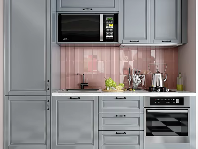 Modern Gray Kitchen Cabinets Interior With Pink Tiled Backsplash Microwave And Appliances 3d model