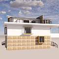 Brown Brick Detached Villa Exterior With White Vertical Trim Balconies And Black Railings