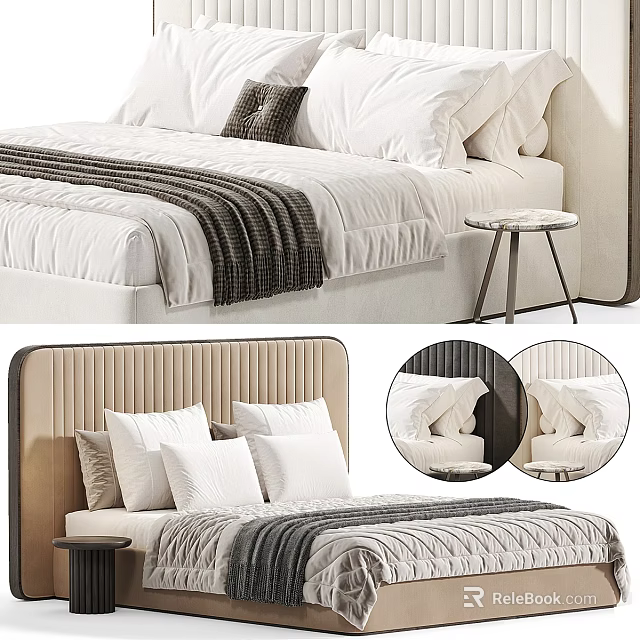 Modern Double Bed With Upholstered Striped Headboard White Bedding Gray Throw Blanket And Side Table 3d model 