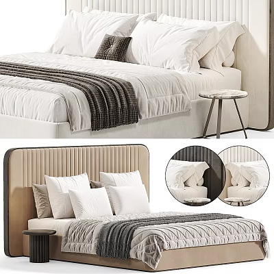Modern Double Bed With Upholstered Striped Headboard White Bedding Gray Throw Blanket And Side Table 3d model