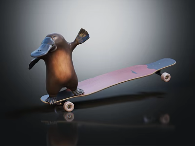 Playful Reptile Standing On Skateboard And Waving Front Paw In Dark Background 3d model
