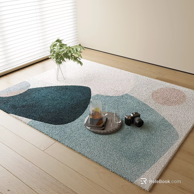 Teal And Pink Geometric Square Rug On Wooden Floor With Green Plant Tray And Dumbbells 3d model 