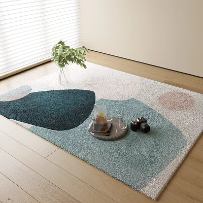 Teal And Pink Geometric Square Rug On Wooden Floor With Green Plant Tray And Dumbbells 3d model